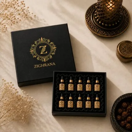Zighrana complete attar collection pack of 10 Kannauj All 10 natural attars by Zighrana India heritage fragrance house Indian attar gift set alcohol free traditional perfume