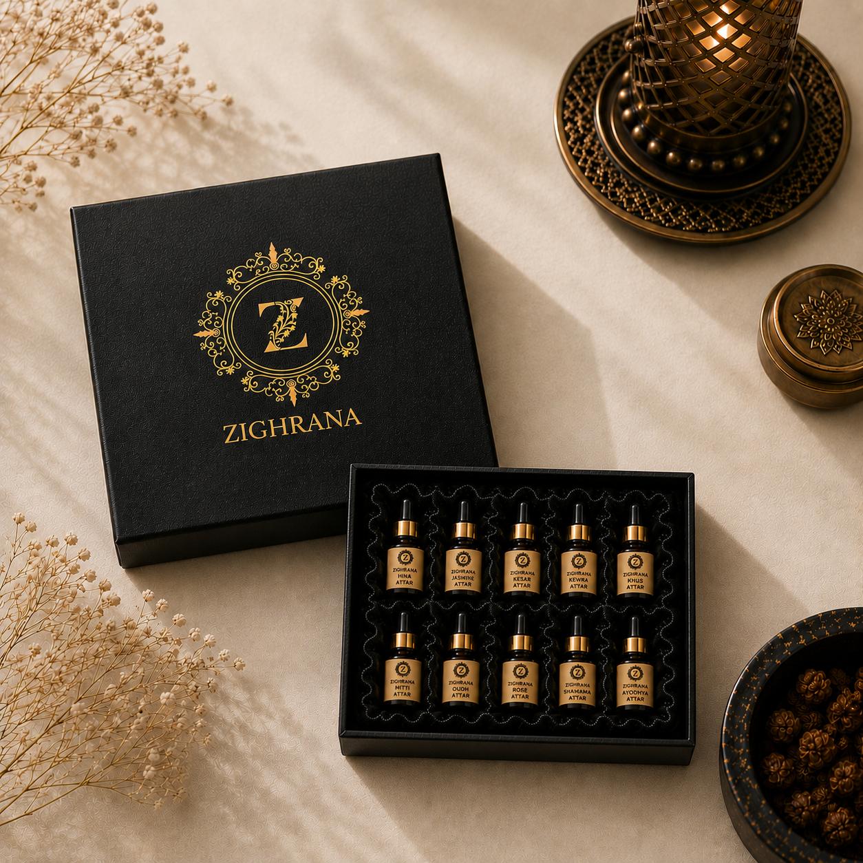 Zighrana Complete Attar Collection — Pack of 10 Zighrana complete attar collection pack of 10 Kannauj All 10 natural attars by Zighrana India heritage fragrance house Indian attar gift set alcohol free traditional perfume